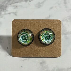 Handcrafted Pink, Green and Blue Flower Stud Earrings with Black Outline